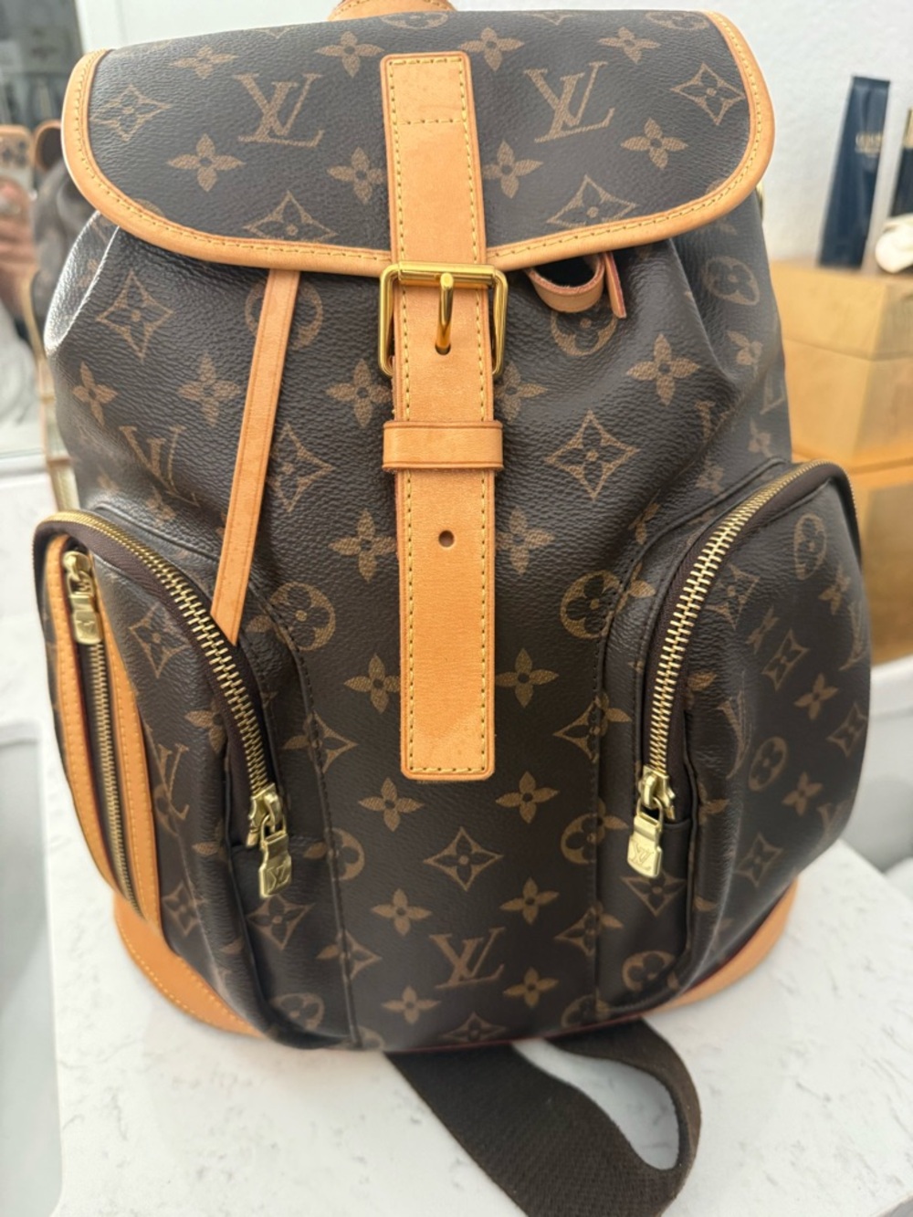 Louis Vuitton Monogram Sac de Bosphore Backpack with Tan Leather Accents